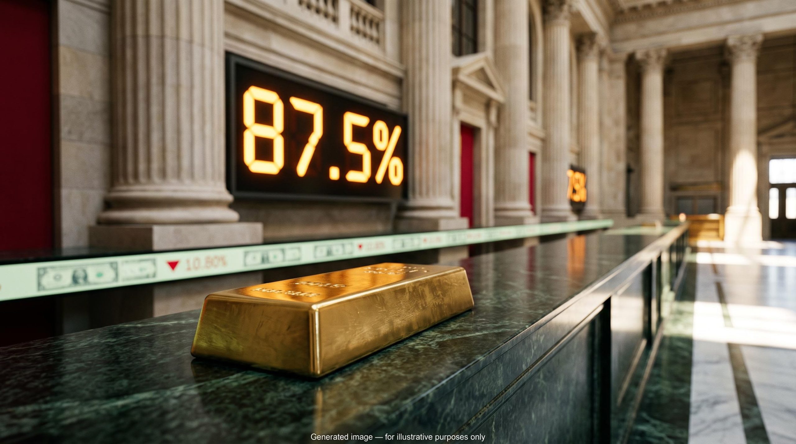 Gold bar before a rate board showing 87.5% as Fed rate hike odds for December pressure gold, the dollar and USD/JPY