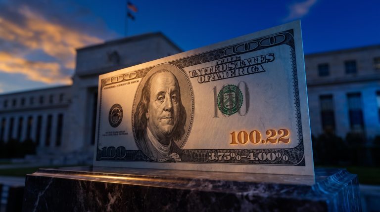 Giant US dollar note with DXY 100.22 etched into it against deep blue sky — Fed rate hike dollar impact analysis