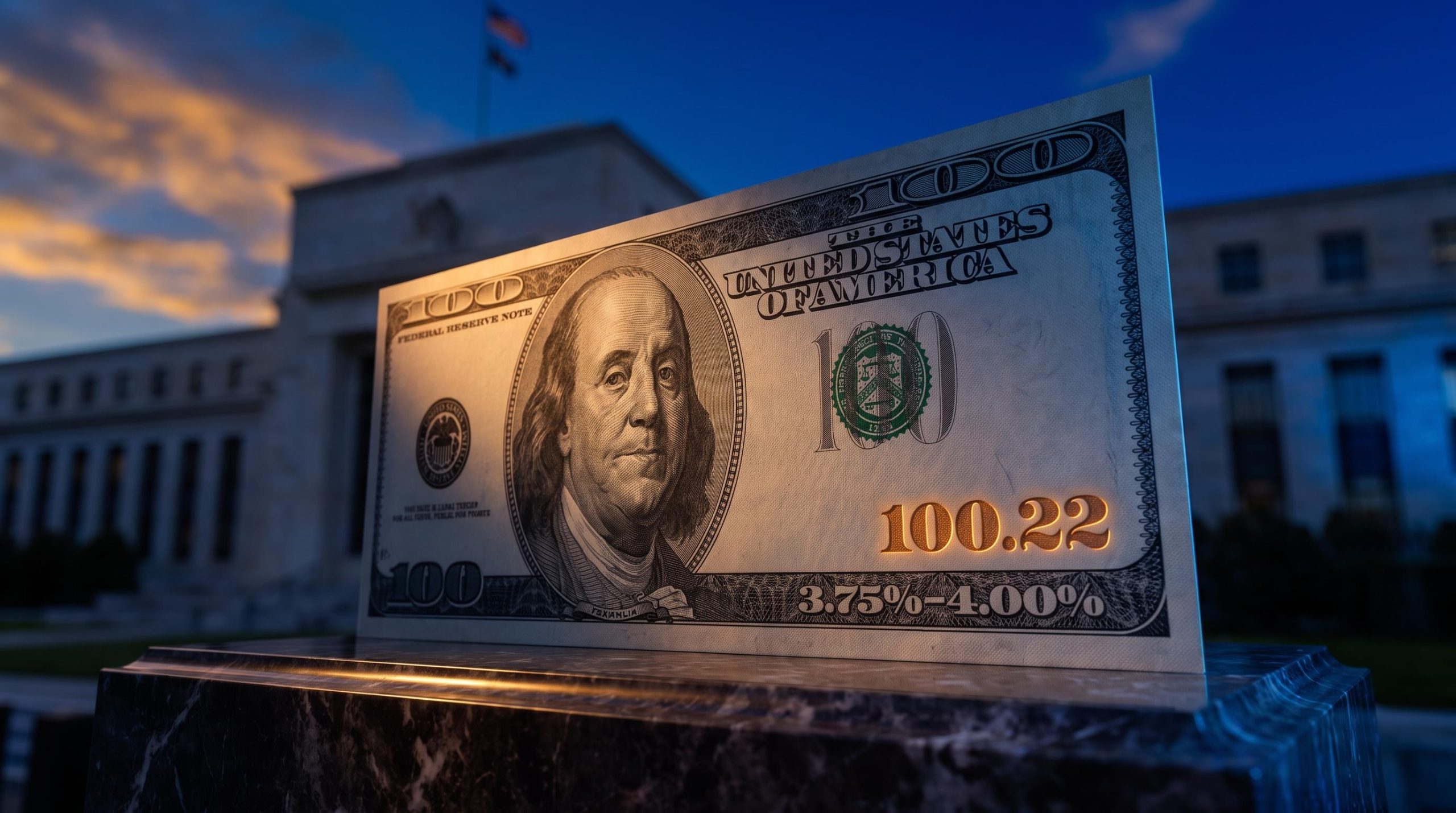 Giant US dollar note with DXY 100.22 etched into it against deep blue sky — Fed rate hike dollar impact analysis