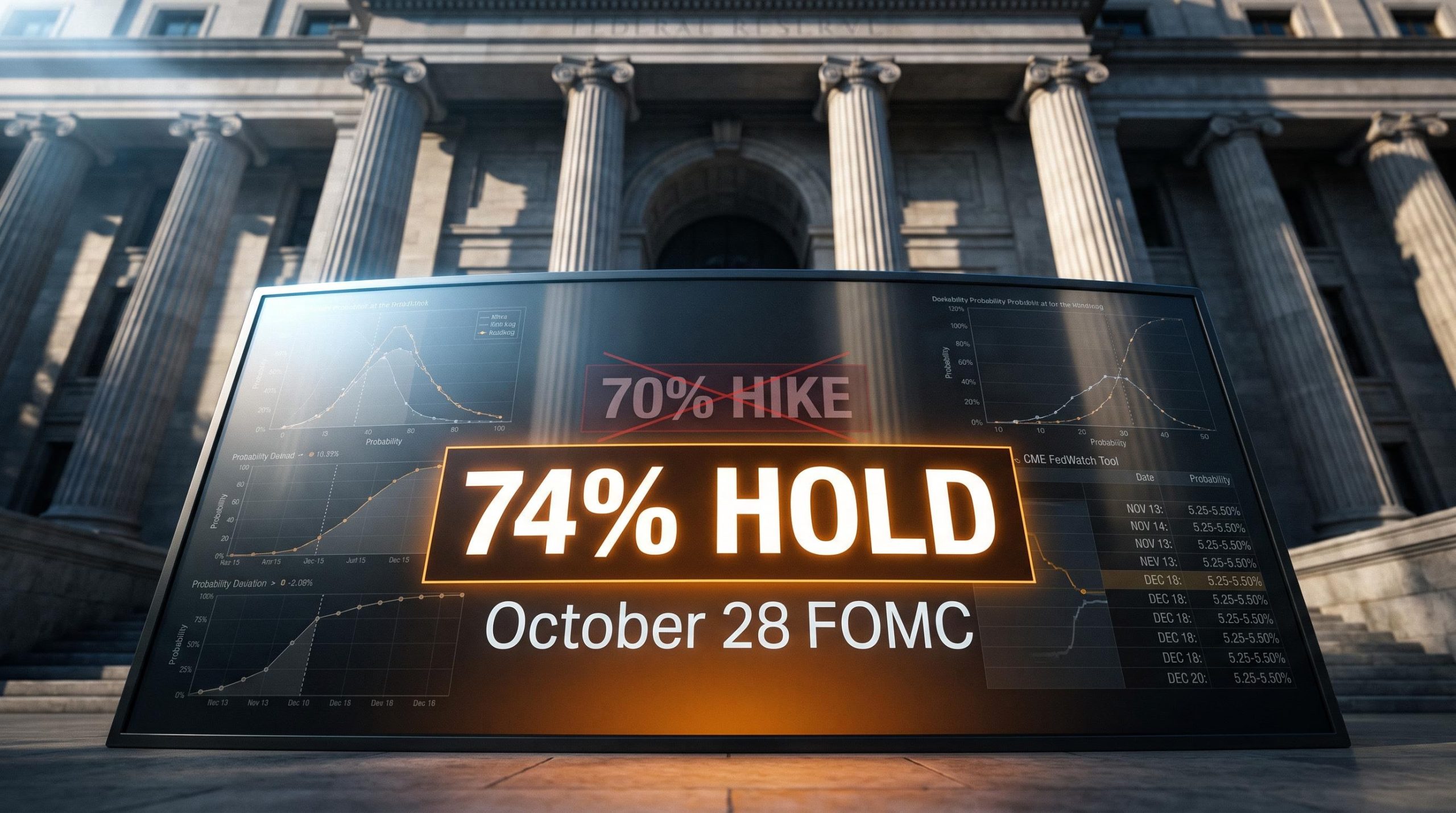 Fed rate hike expectations flip to 74% hold probability displayed on a futures terminal, October 28 FOMC