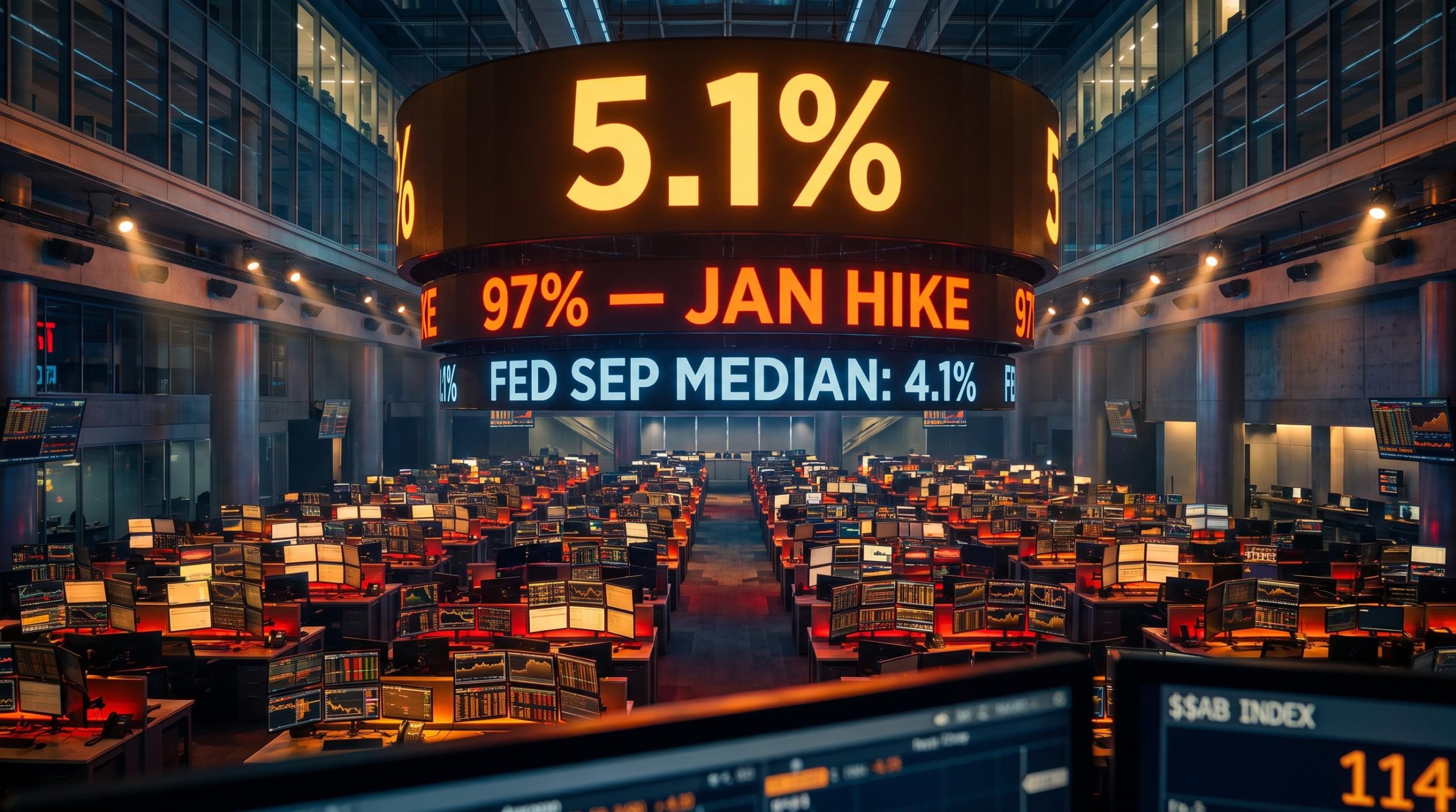 Bond trading floor with 10-year Treasury yield at 5.1% and 97% January Fed rate hike probability on display