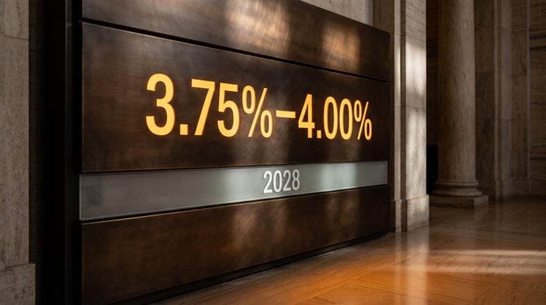 Federal Reserve rate board showing 3.75%–4.00% target and 2028 inflation timeline in FOMC analysis
