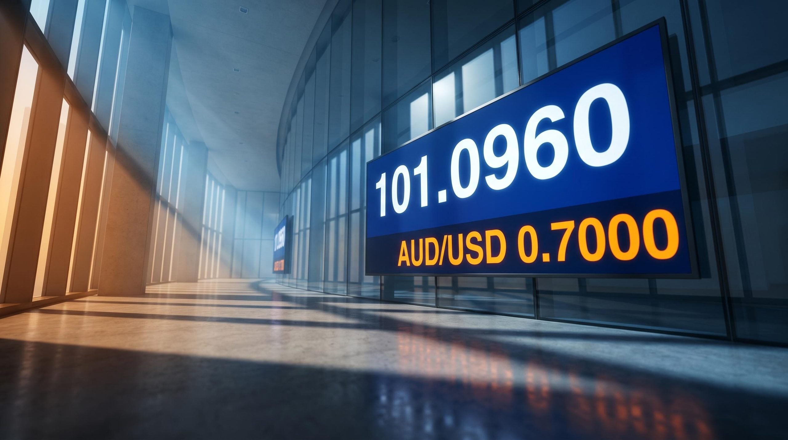US Dollar Index at 101.0960 on trading screen as Fed rate hike forex impact weighs on AUD/USD at 0.7000