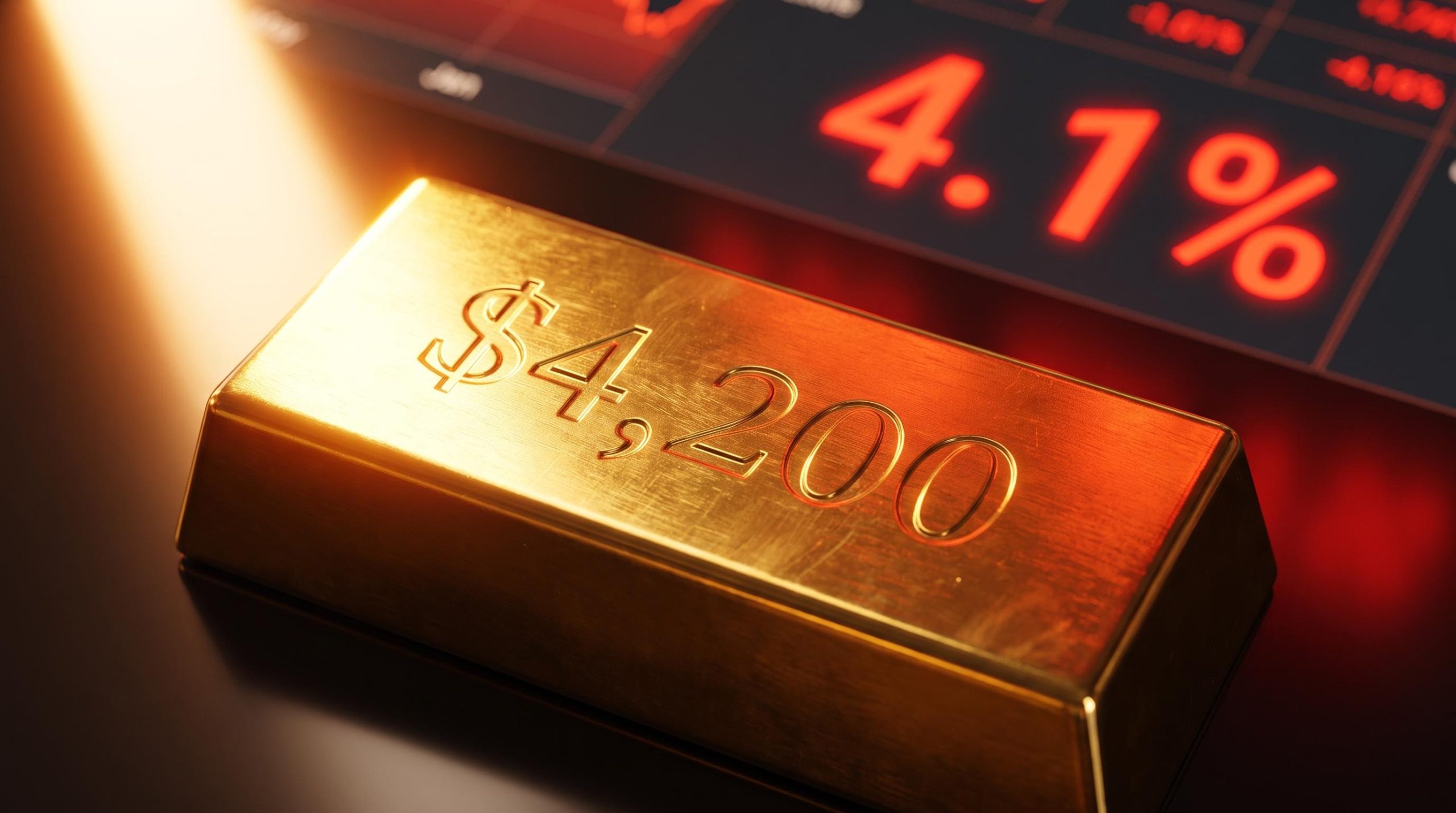 Gold bar engraved with $4,200 against Fed rate projection screen as XAU/USD falls after September hike