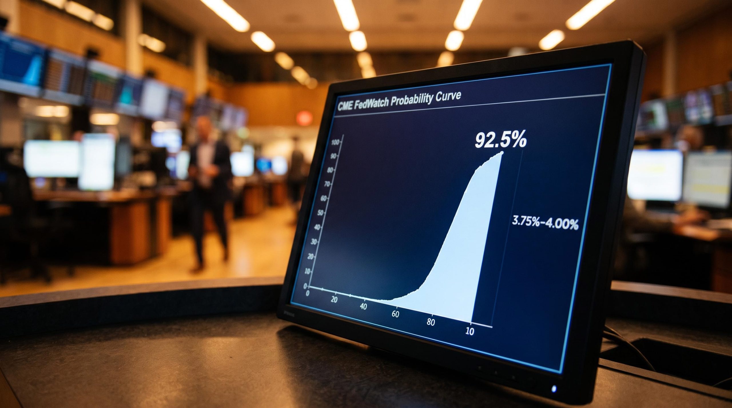 CME FedWatch screen showing 92.5% Fed rate hike probability as markets price 3.75%-4.00% target range
