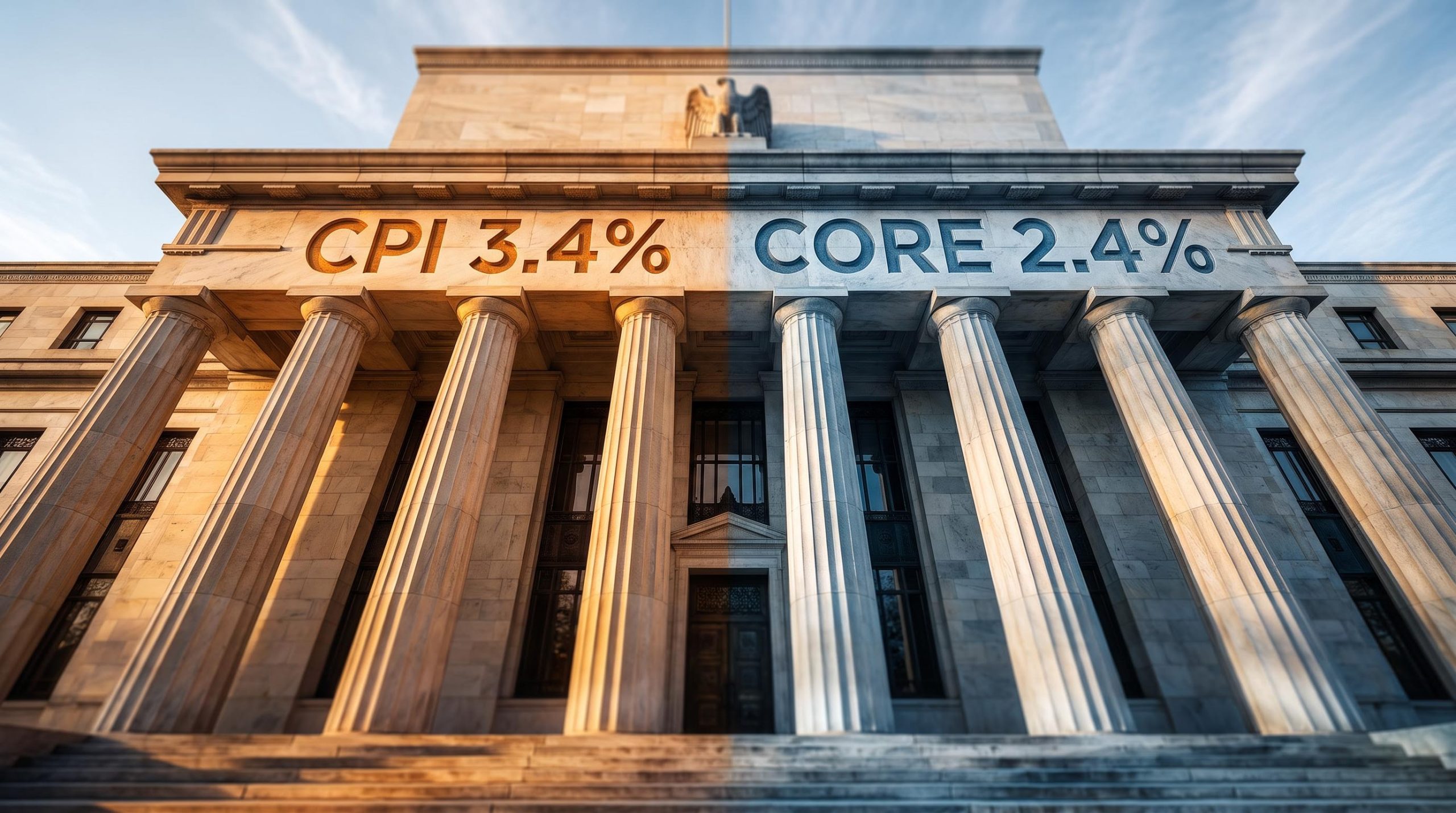 Federal Reserve façade with split amber and blue lighting showing CPI 3.4% vs Core CPI 2.4% engraved in stone