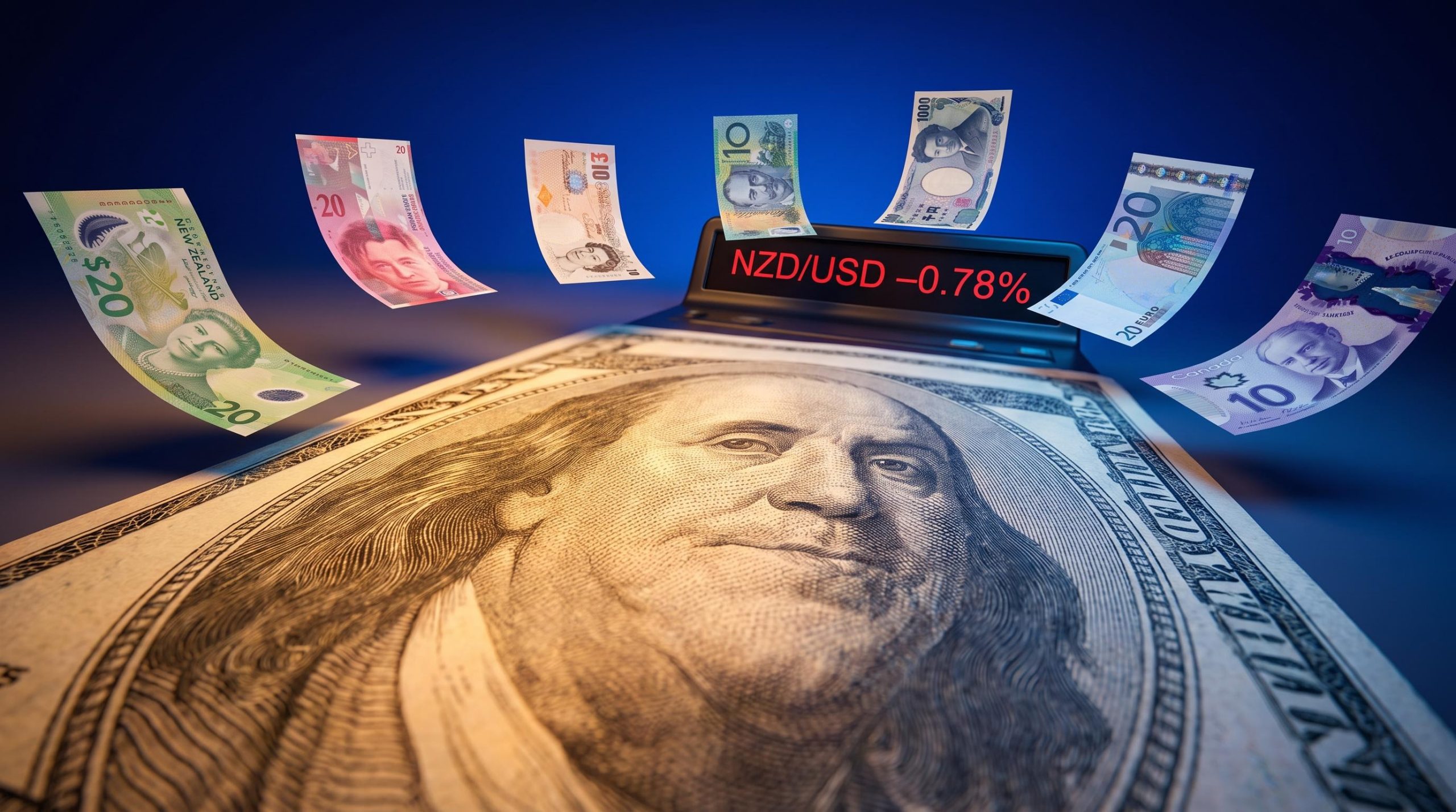 US dollar bill pulling seven global currencies inward, illustrating Fed rate hike impact on forex markets