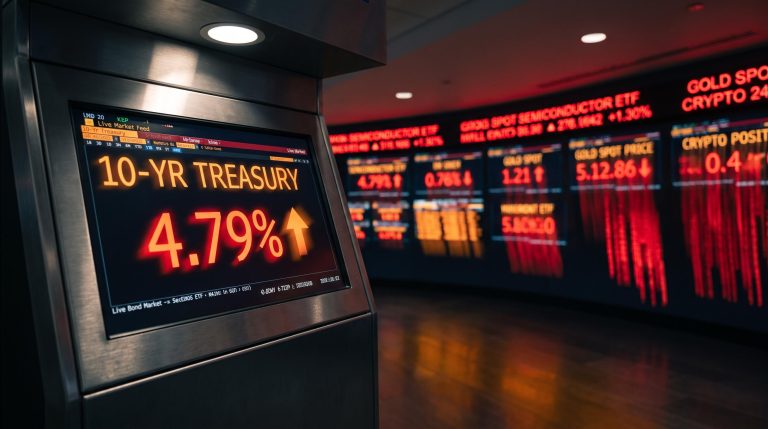 10-year Treasury yield at 4.79% on trading terminal as Fed rate hike impact ripples across stocks, gold, and crypto