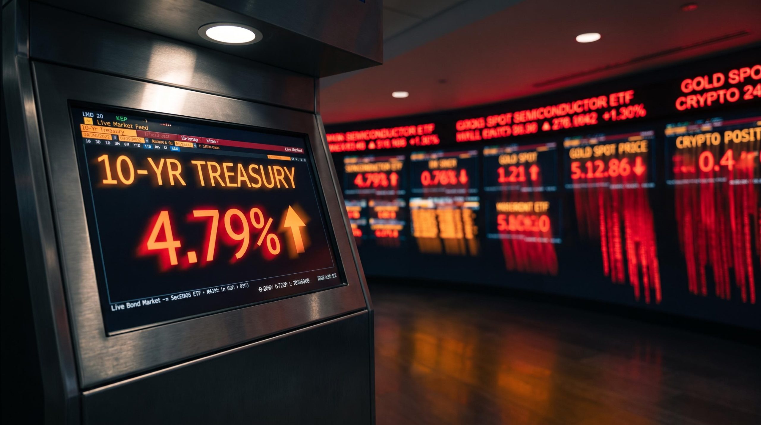 10-year Treasury yield at 4.79% on trading terminal as Fed rate hike impact ripples across stocks, gold, and crypto
