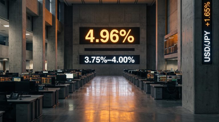 Federal Reserve operations floor showing 10-year Treasury yield at 4.96% after Fed rate hike to 3.75%–4.00%