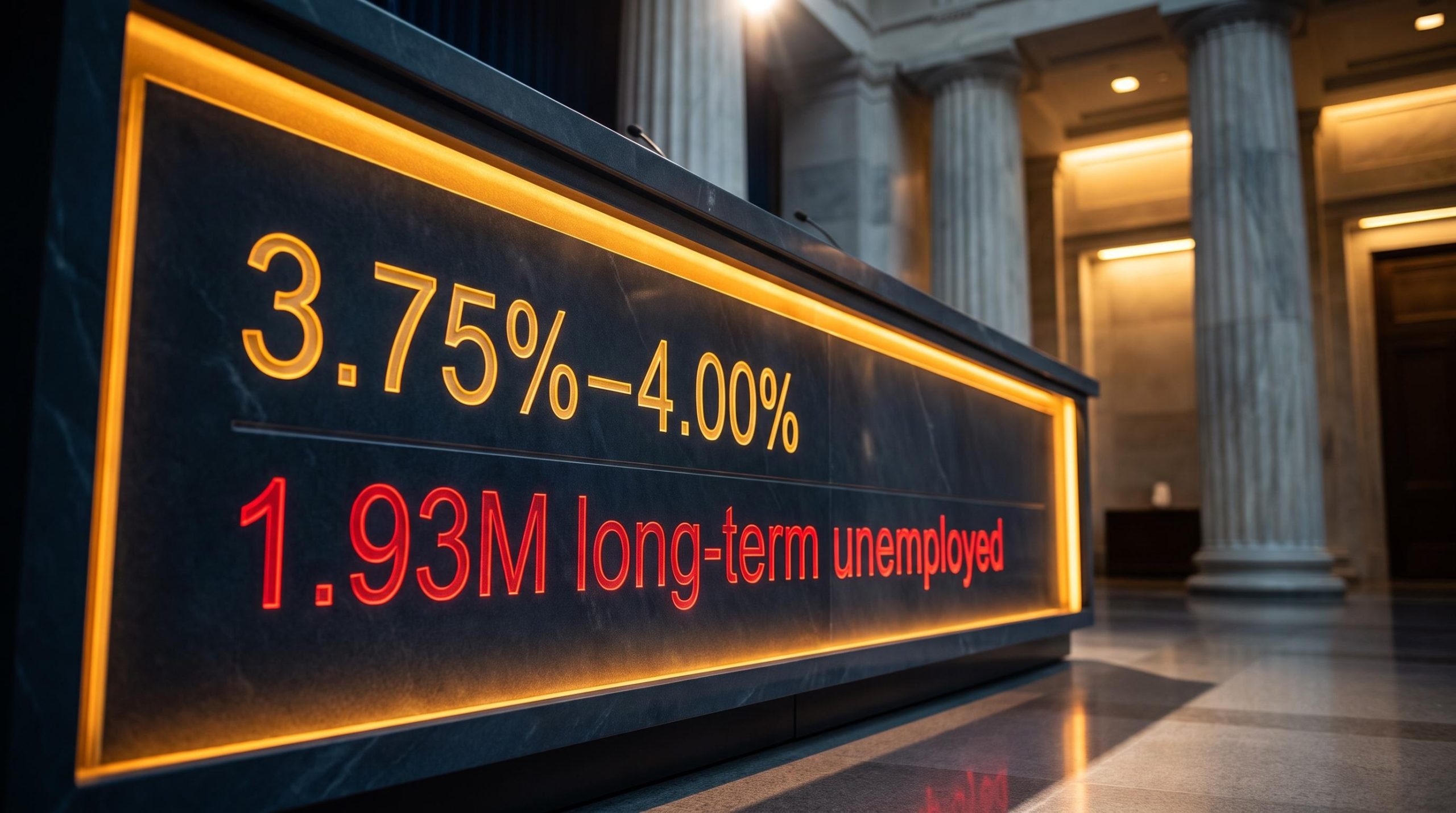 Fed rate hike panel showing 3.75%-4.00% beside 1.93M long-term unemployed signal in recessionary territory