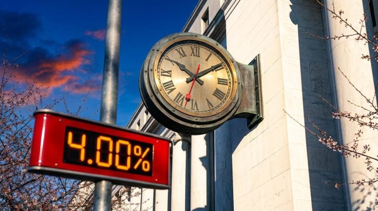 Federal Reserve building clock before the Fed rate hike October decision, with a 4.00% rate sign in the foreground