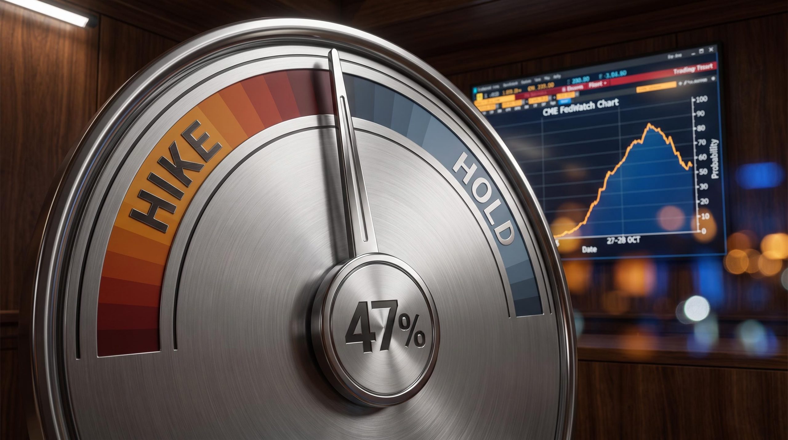CME FedWatch probability dial locked at 47% with 27-28 Oct hike vs hold balance on trading terminal