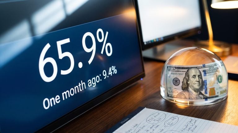 FedWatch terminal showing 65.9% Fed rate hike odds versus 9.4% one month prior, US Dollar bill in foreground