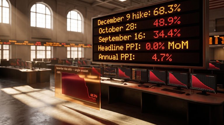 Fed rate hike odds board showing December probability collapsing to 68.3% on flat PPI print across trading floor