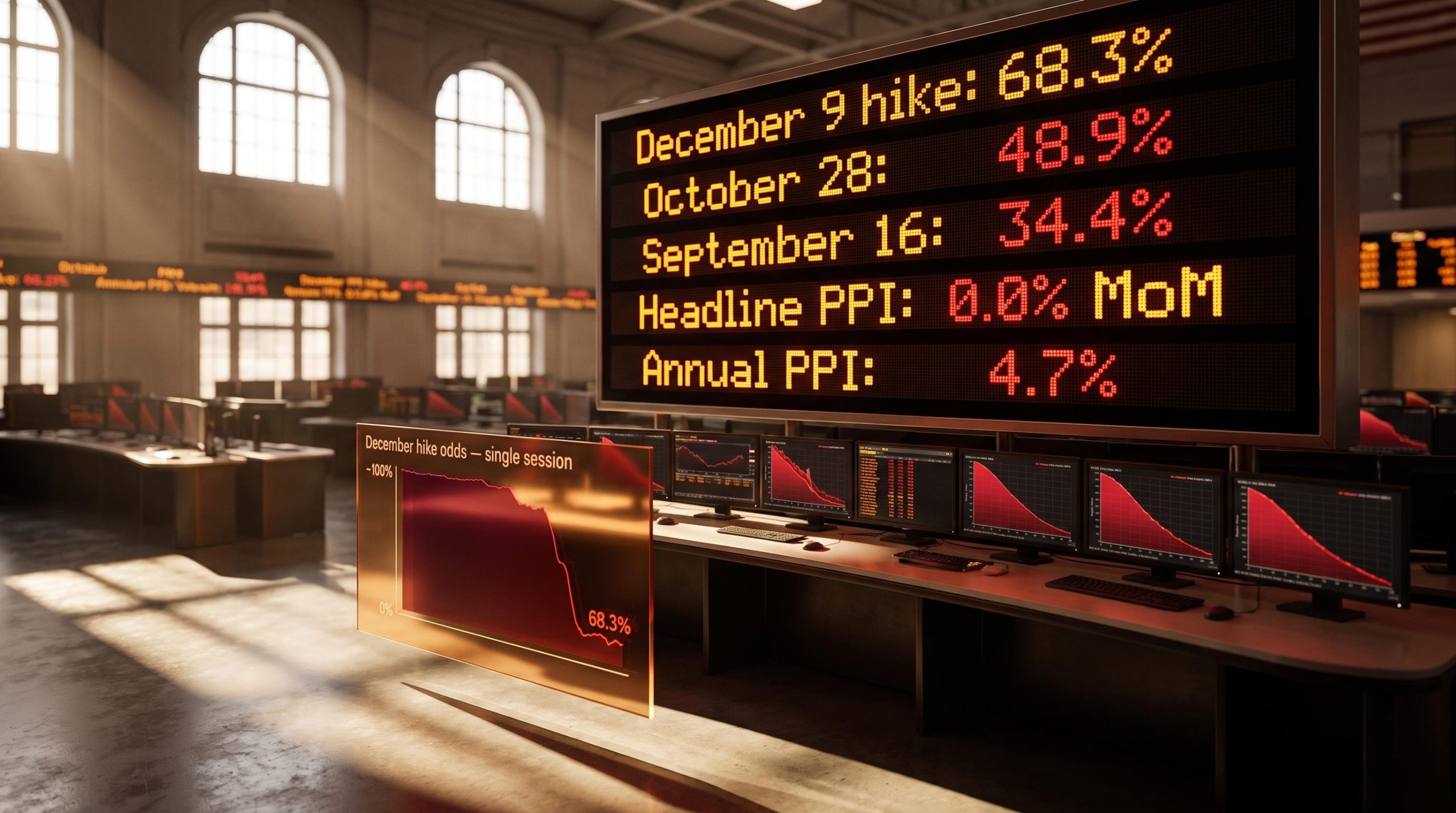 Fed rate hike odds board showing December probability collapsing to 68.3% on flat PPI print across trading floor