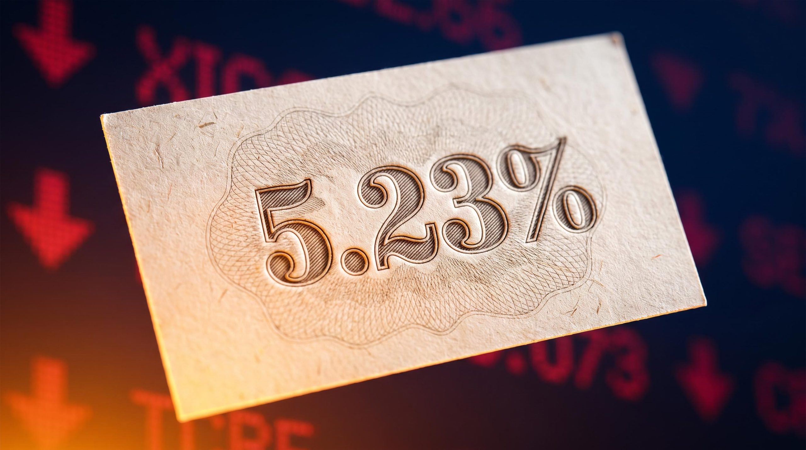 US Treasury bond at 5.23% yield with equity tickers fading behind — Fed rate hike odds near 70%