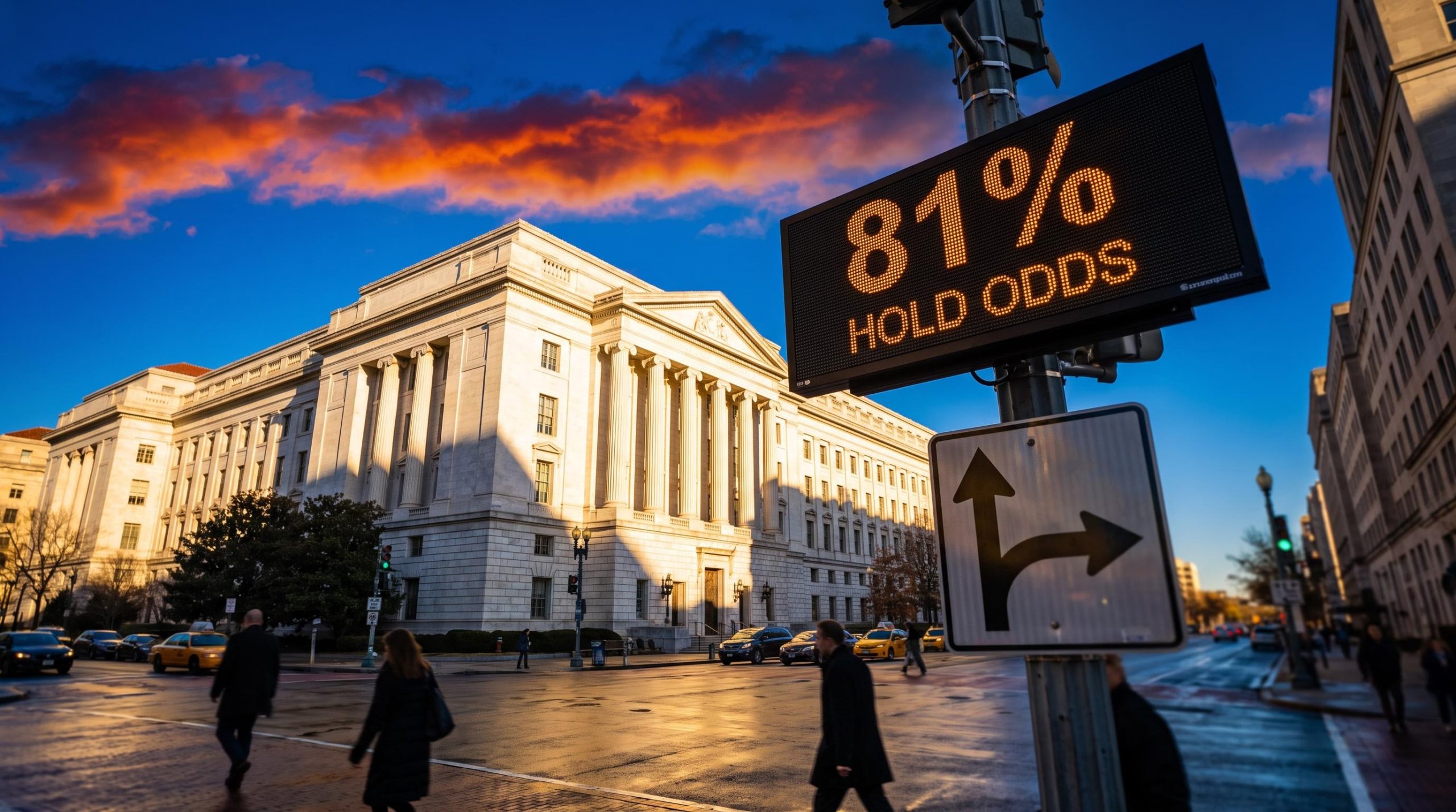 Federal Reserve building in sharp sunlight with a ticker showing 81% hold odds, capturing the Fed rate hike outlook