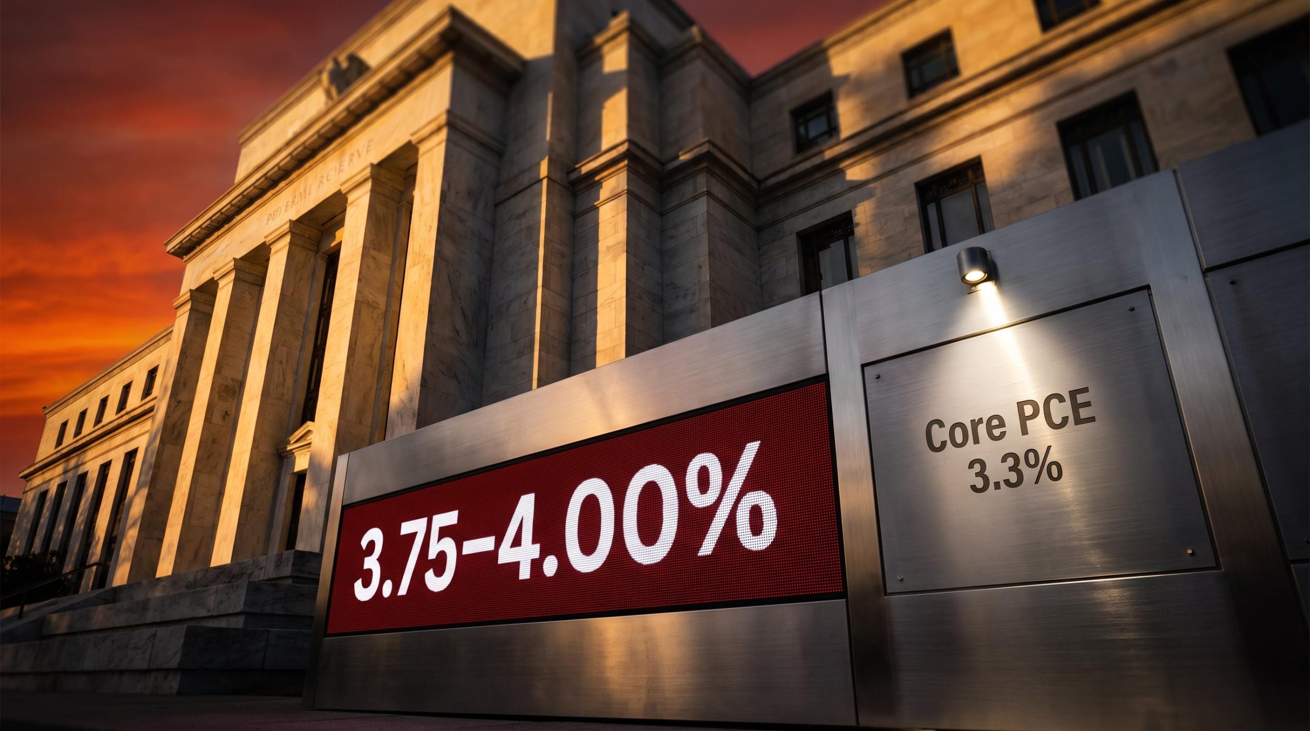 Fed building facade with "3.75–4.00%" rate display as Susan Collins signals another Fed rate hike ahead