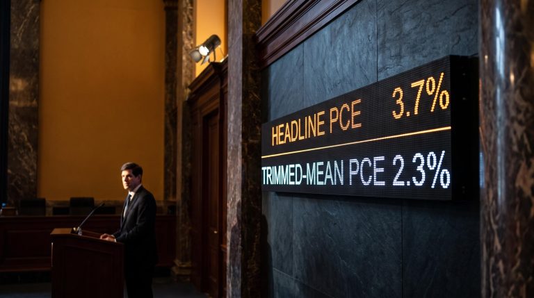 Fed data board showing headline PCE 3.7% vs trimmed-mean PCE 2.3% gap at centre of rate hike policy error debate