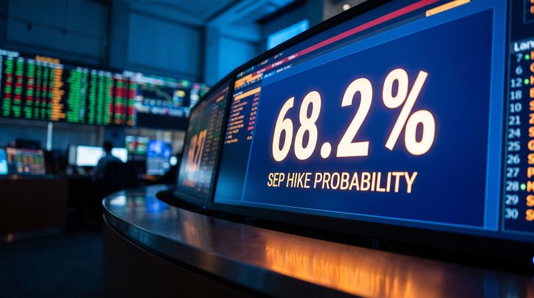 Trading terminal displaying 68.2% Fed rate hike probability as manufacturing data and PCE inflation signal economic cooling