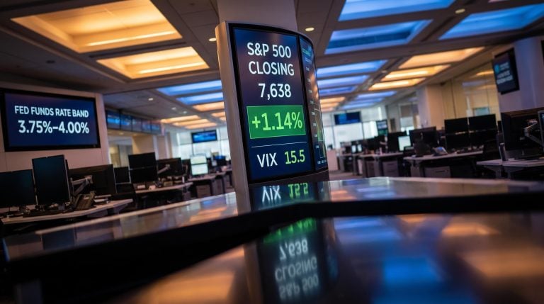 Bloomberg trading terminal showing S&P 500 at 7,638 and VIX at 15.5 after Fed rate hike to 3.75%-4.00%
