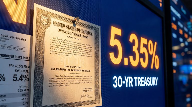 30-year Treasury yield at 5.35% on trading board beside a 5.4% PPI print — Fed rate hike impact on markets