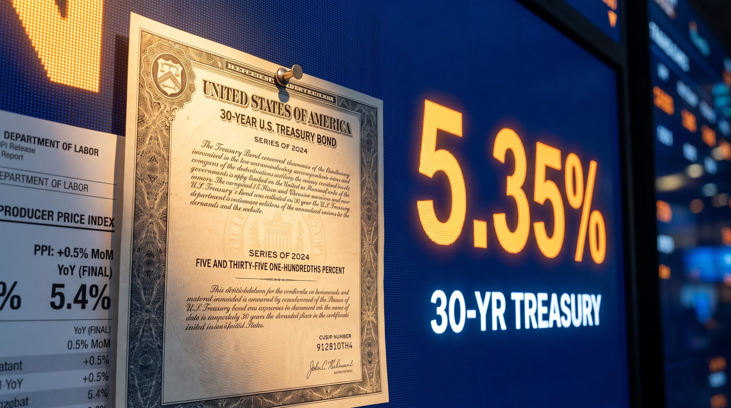 30-year Treasury yield at 5.35% on trading board beside a 5.4% PPI print — Fed rate hike impact on markets