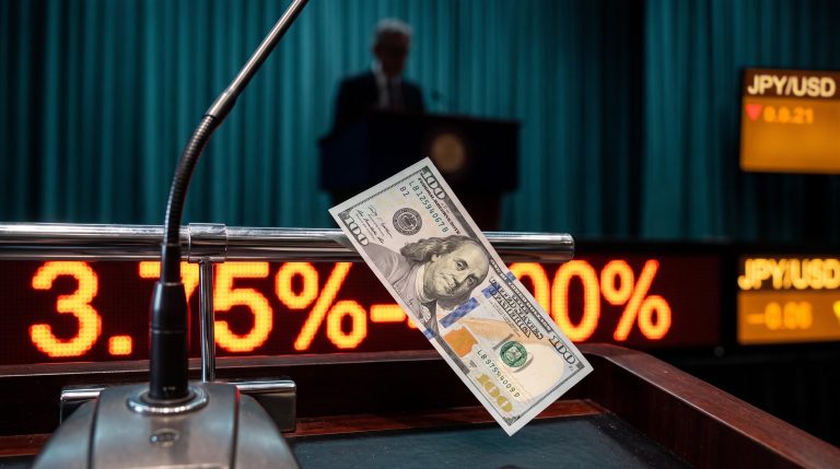 Dollar banknote slipping from a microphone beside a 3.75%-4.00% rate board as Fed rate hikes signal meets a softer dollar