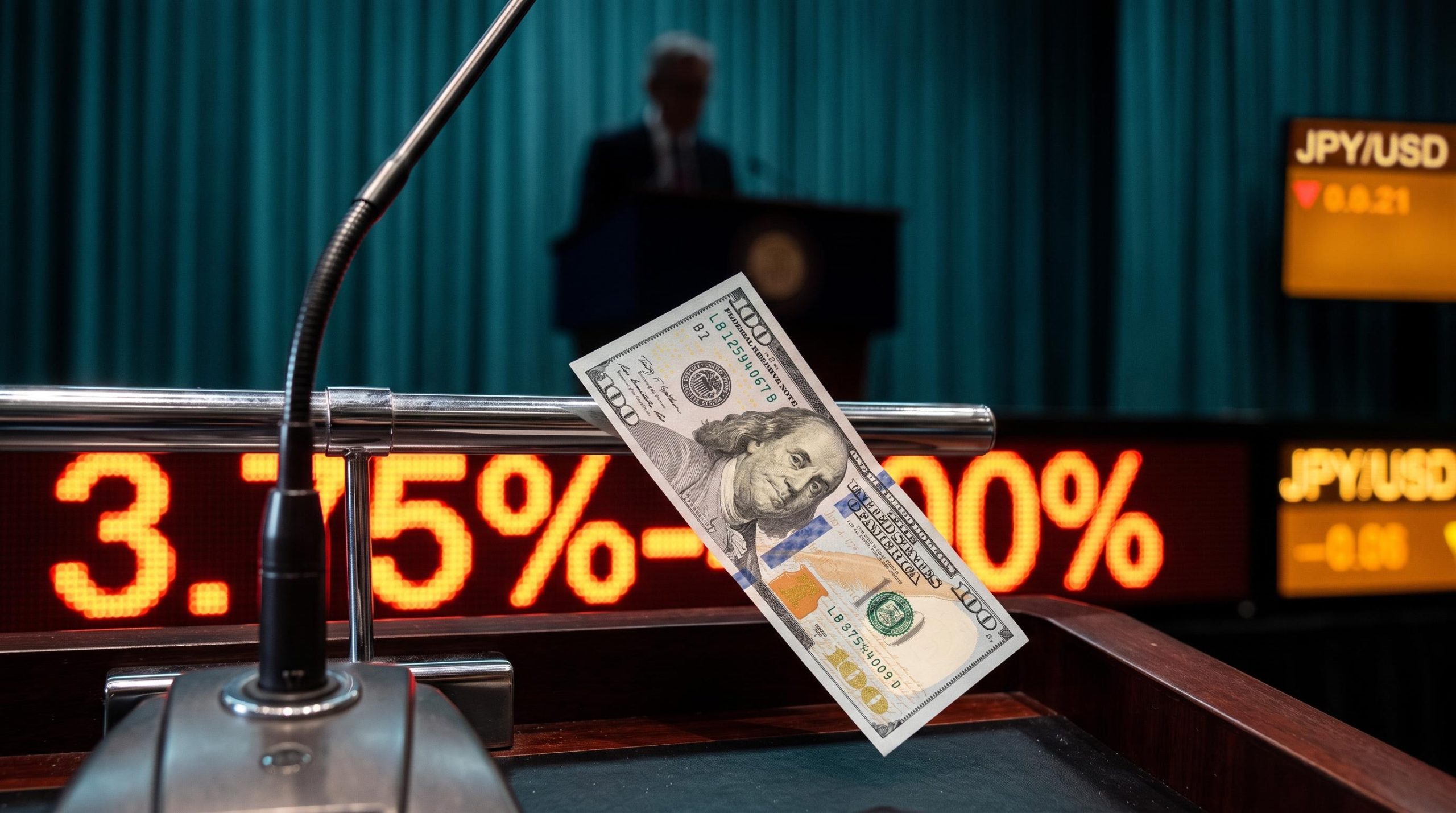 Dollar banknote slipping from a microphone beside a 3.75%-4.00% rate board as Fed rate hikes signal meets a softer dollar
