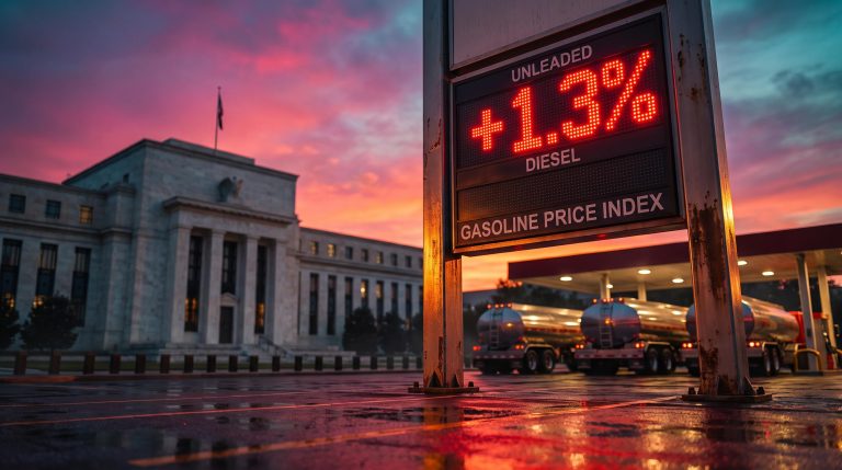 Glowing red gasoline price sign showing +1.3% PPI jump with Federal Reserve columns behind, hinting at Fed rate hikes