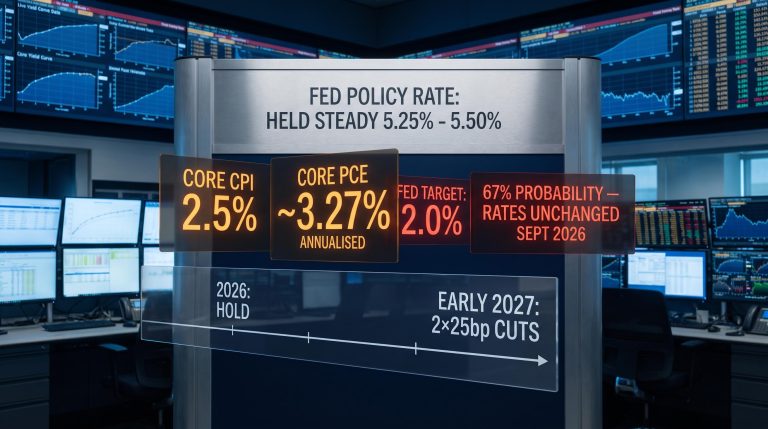 Fed rate hold display with core CPI 2.5% and core PCE 3.27% panels against 2% target on trading floor