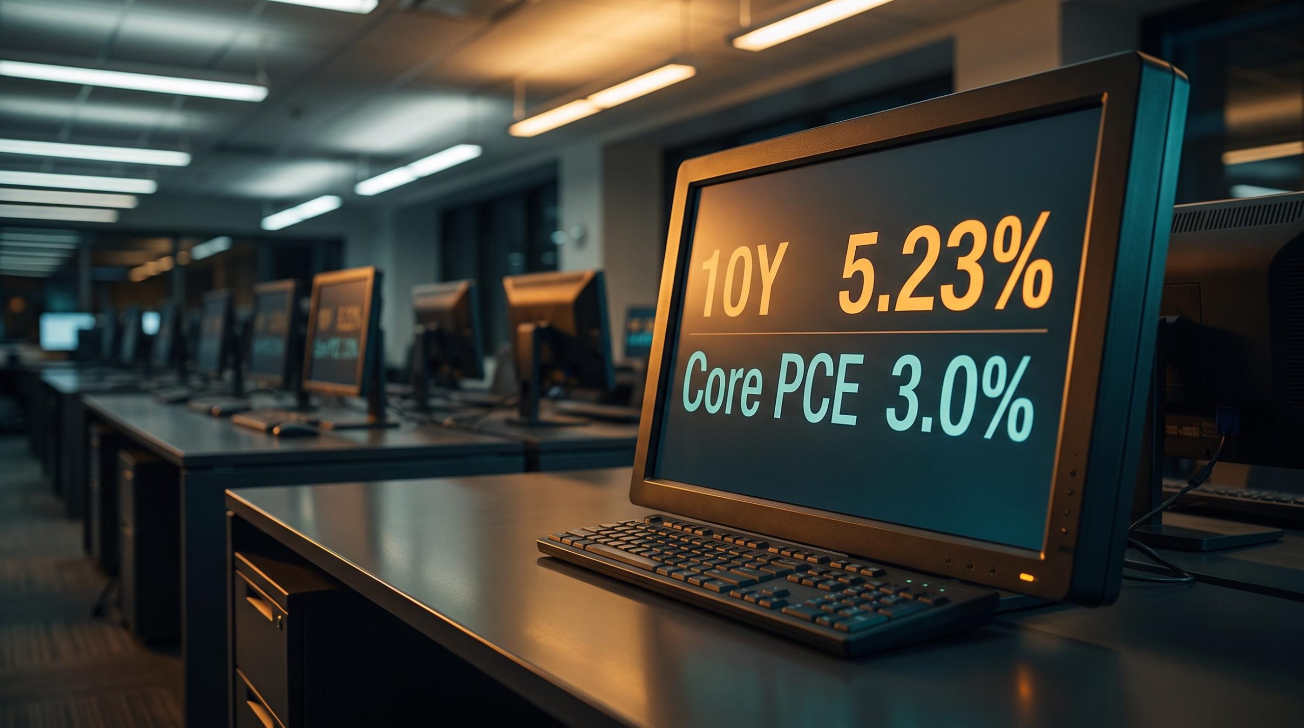 Bond trading terminal showing 10-year yield at 5.23% and Core PCE 3.0% amid contested Fed rate path debate