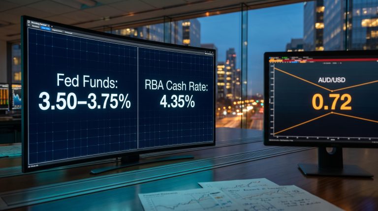 AUD/USD pinned at 0.72 as Fed and RBA rate decisions converge — dual rate panel trading screen