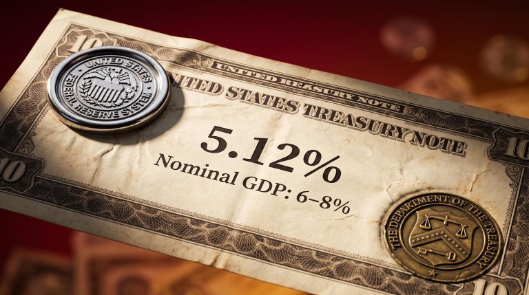 U.S. Treasury bond at 5.12% yield pinned between Fed and Treasury seals as policy standoff intensifies