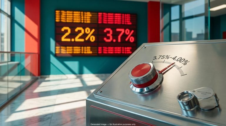 Rate dial set at 3.75%-4.00% before ticker showing 2.2% and 3.7% inflation readings, framing the Fed Warsh rate hike