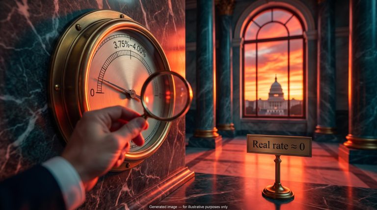 Rate dial showing 3.75%-4.00% under a magnifying lens in a marble hall, probing the Fed Warsh rate hike debate