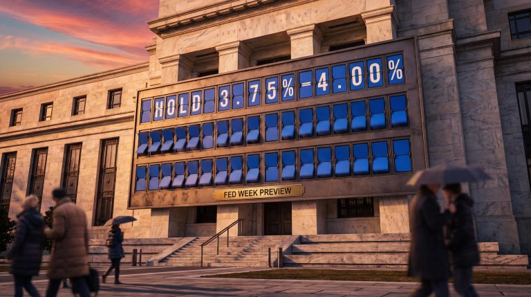 Split-flap board showing a Fed hold at 3.75%-4.00% before a marble central bank building in this fed week preview