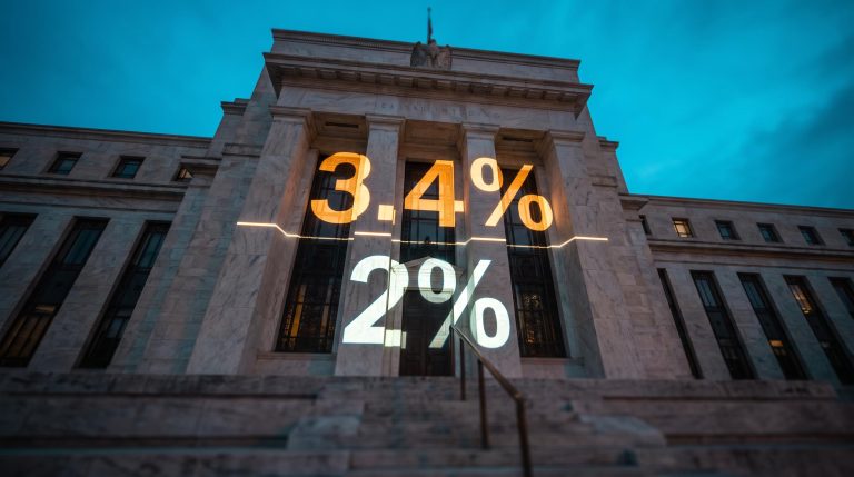 Federal Reserve Eccles Building with 3.4% and 2% inflation gap illuminated on stone façade