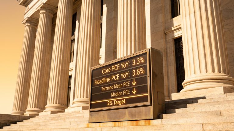 Federal Reserve building facade with PCE inflation data display showing Core PCE at 3.3% and 2% target threshold