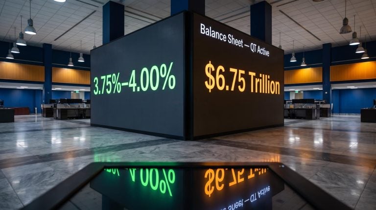 Fed funds rate 3.75%-4.00% and $6.75 trillion balance sheet displayed as twin active Federal Reserve policy tools