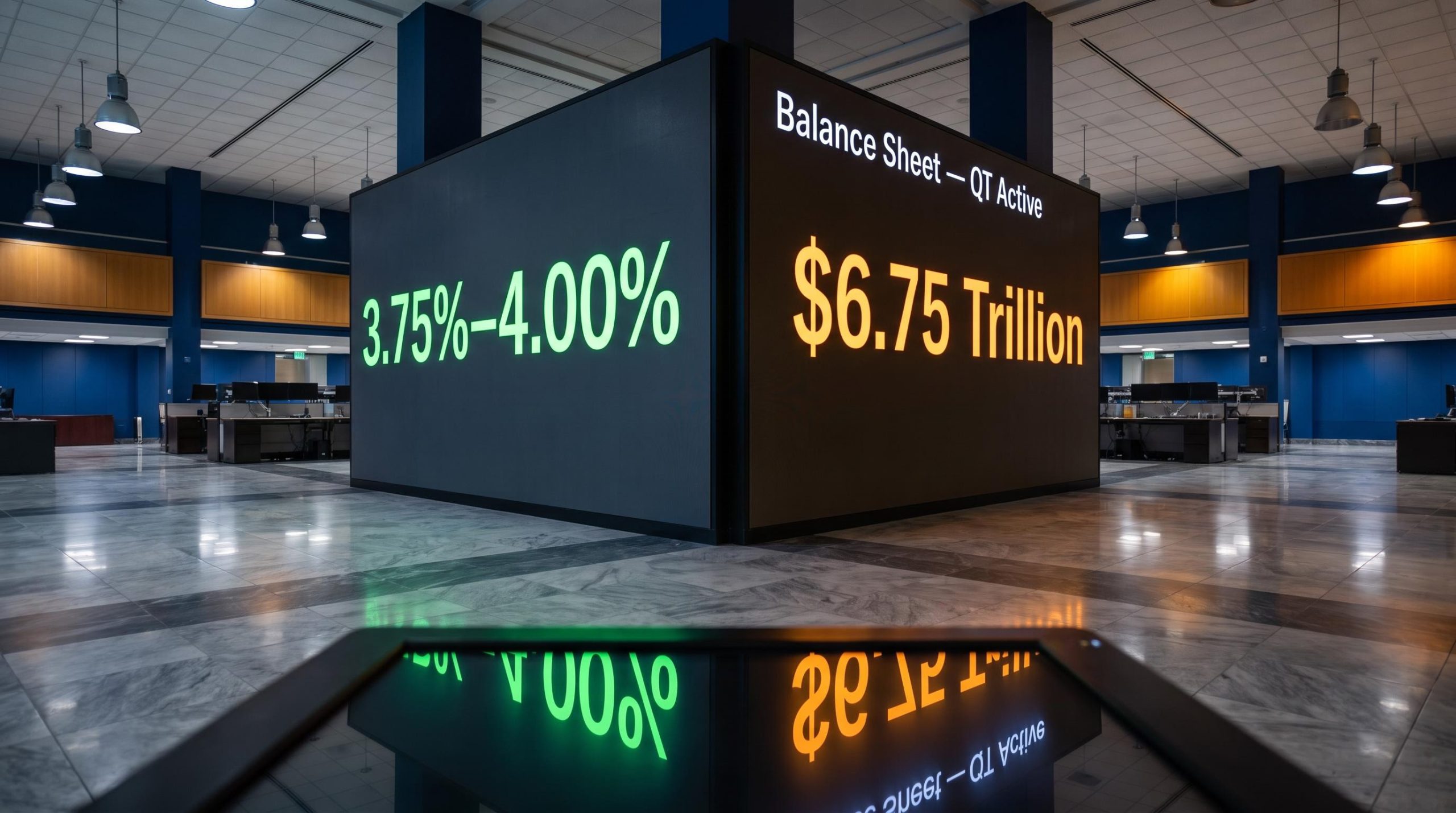 Fed funds rate 3.75%-4.00% and $6.75 trillion balance sheet displayed as twin active Federal Reserve policy tools