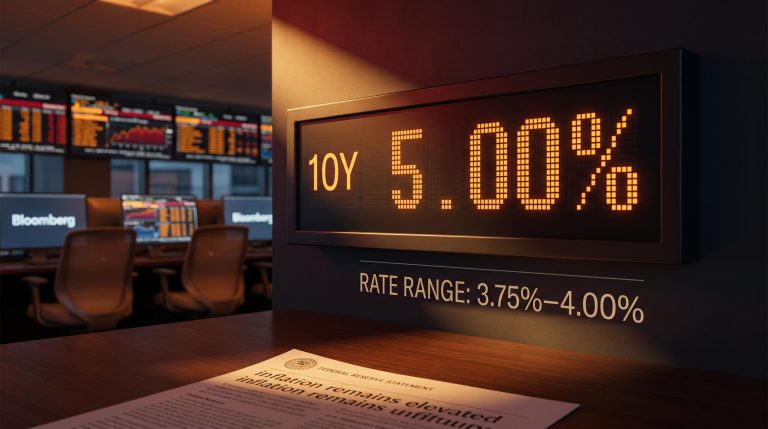 US bond trading floor with 10-year Treasury yield at 5% and Fed rate range 3.75%–4.00% amid Fed rate hike outlook debate