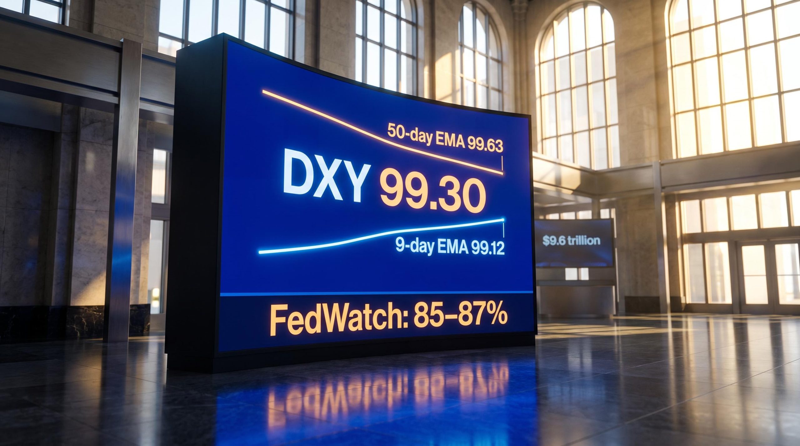 DXY trading terminal showing 99.30 between key EMAs as Federal Reserve US Dollar rate decision looms