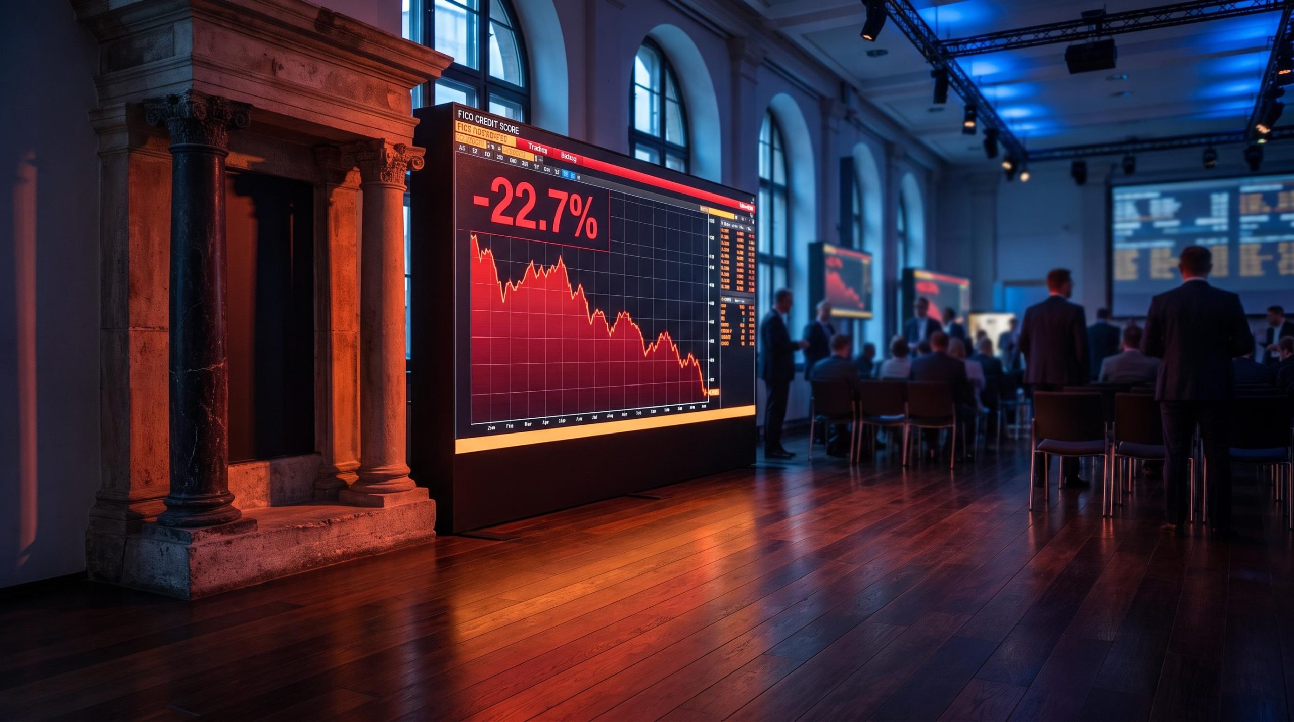 FICO terminal showing -22.7% drop amid FHFA bi-merge mortgage rule signal at MBA conference