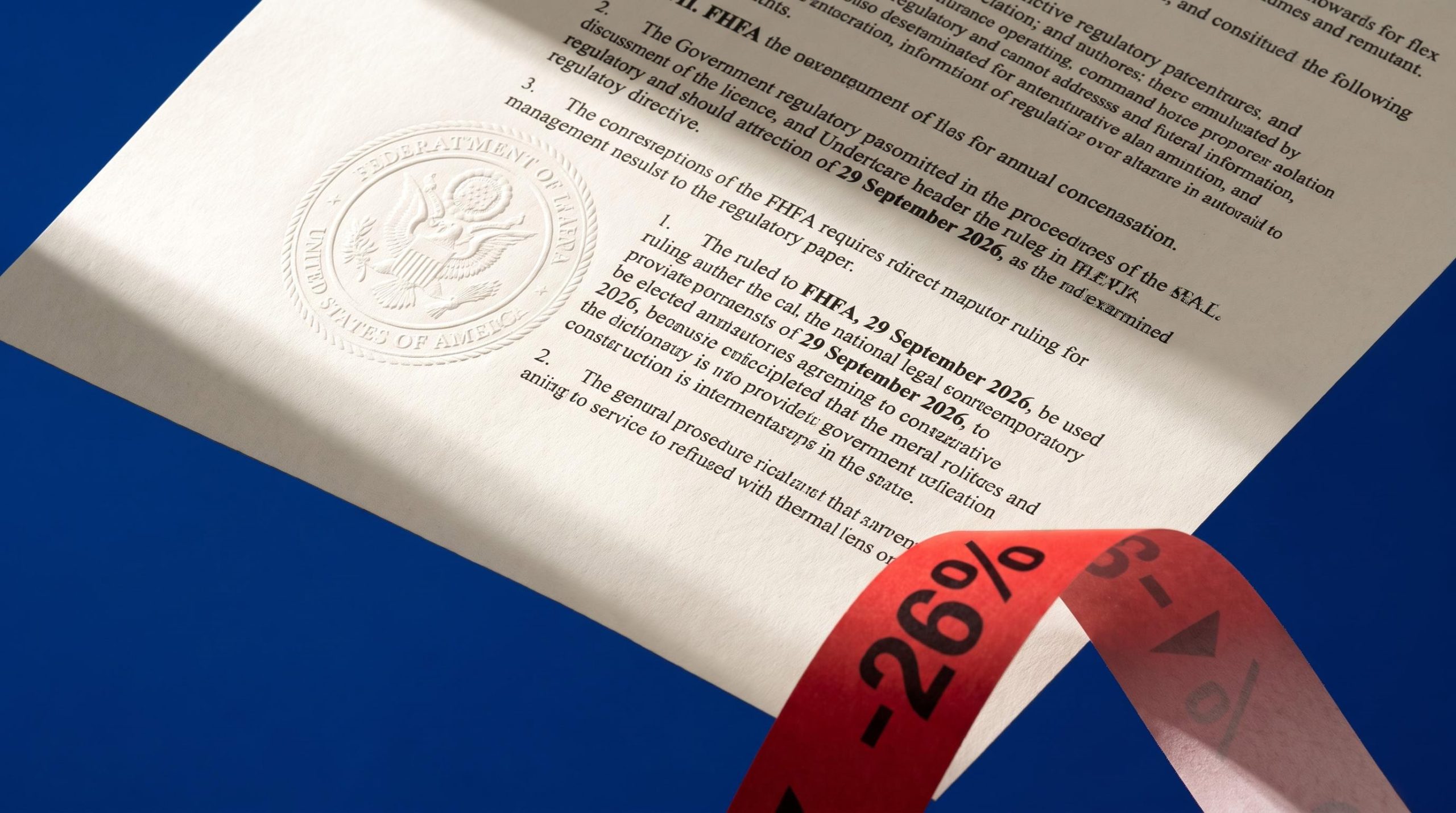 FHFA regulatory ruling document with a −26% price crash ribbon — FICO regulatory risk investing explainer