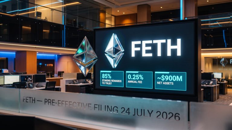 FETH trading screen showing 85% staking reward split and 0.25% fee as Fidelity Ethereum ETF staking filing analysed
