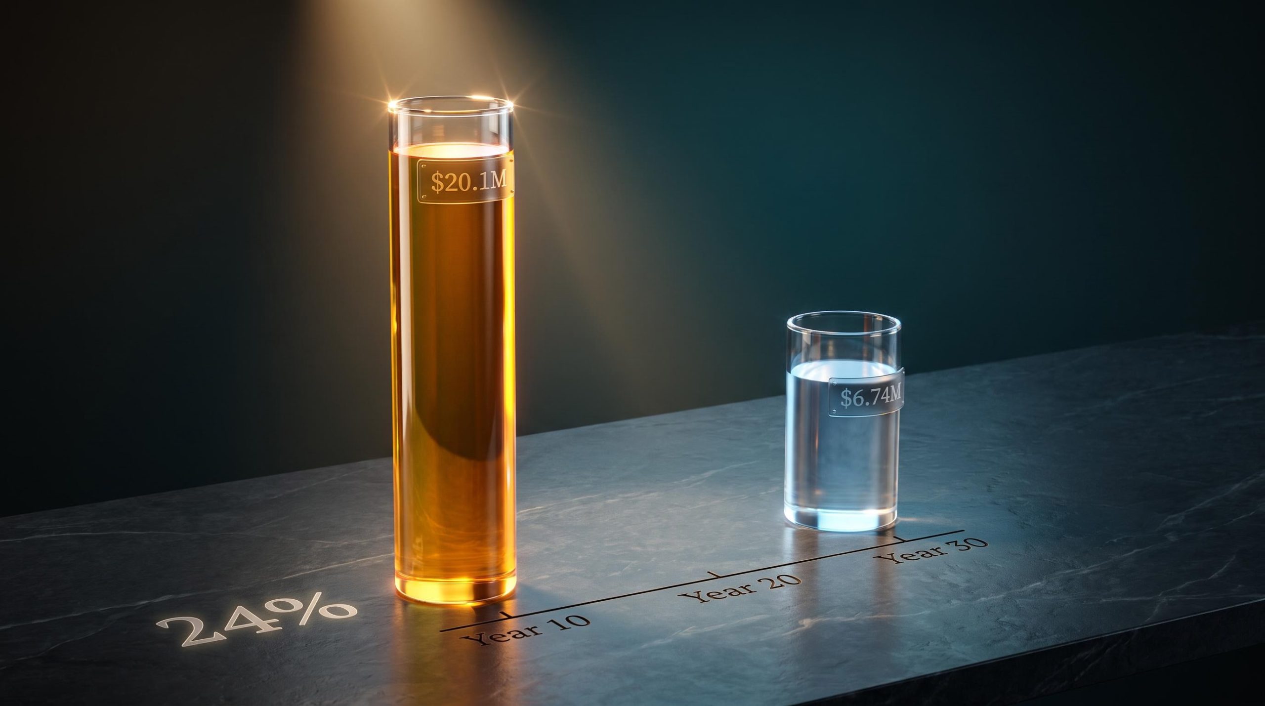 Two glowing glass columns comparing Fidelity five fund portfolio $20.1M vs FXAIX $6.74M over 30 years