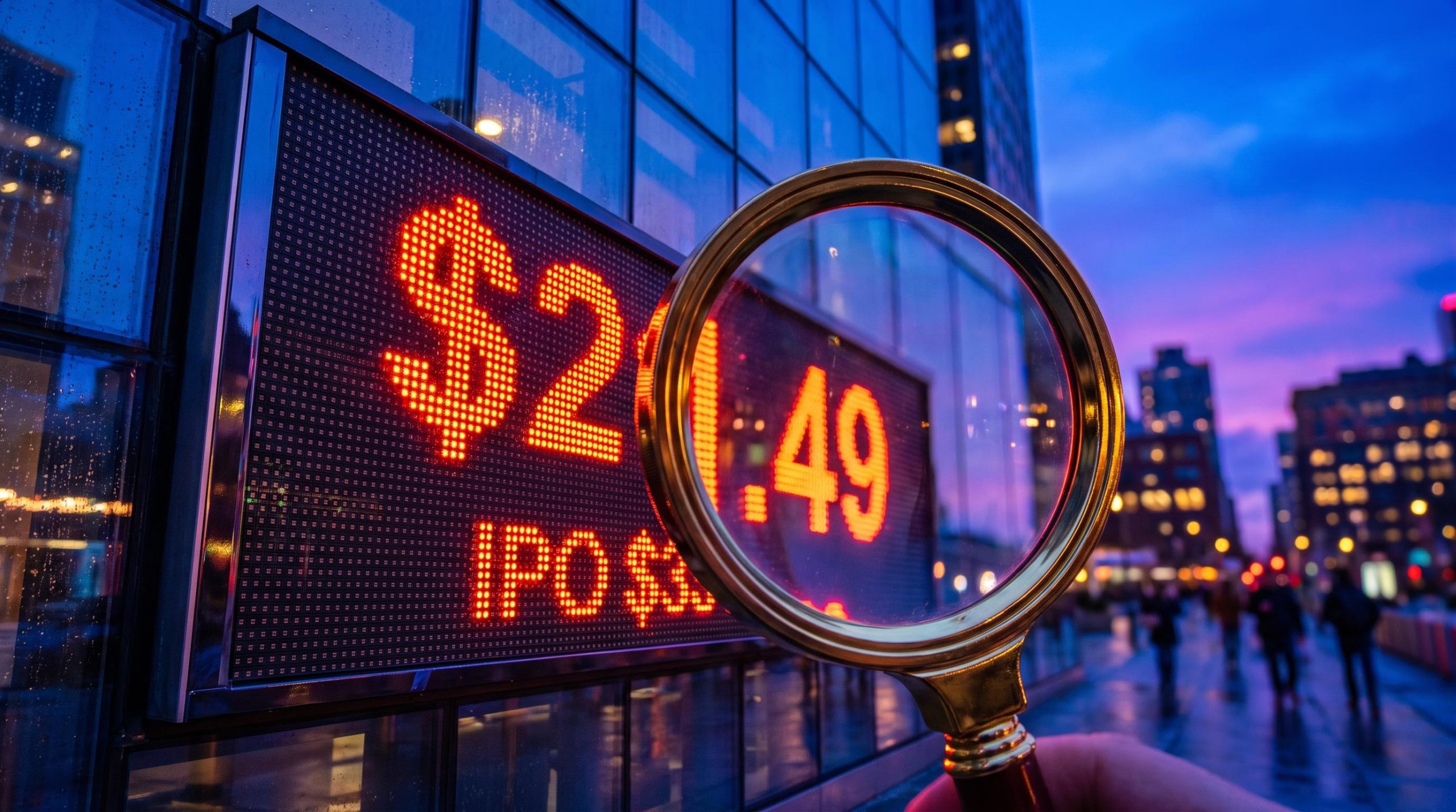 Figma stock analysis: magnifying lens over an LED ticker showing $21.49 against the $33 IPO price at twilight