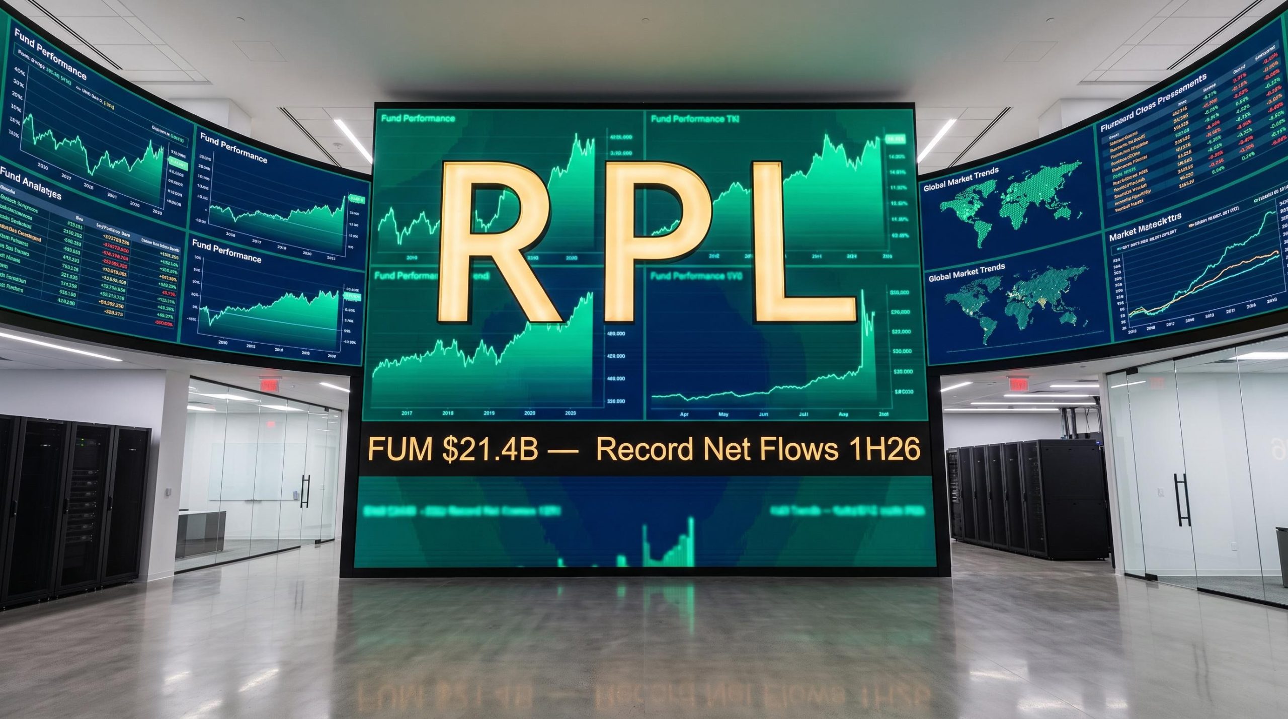 Large screens showing financial data